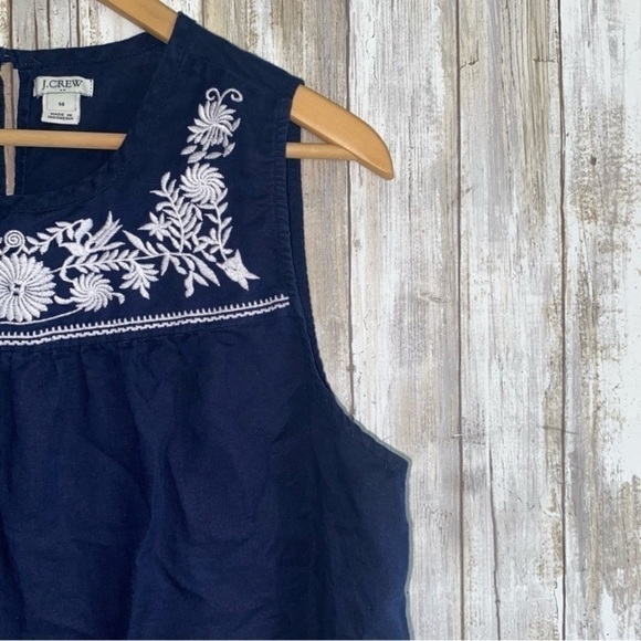 J. Crew Linen Blend Navy Embroidered Neck Sleeveless Blouse - Picture 4 of 5